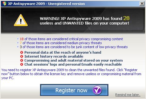 Falešný antimalware - XP AntiSpyware 2009 - výzva k registraci