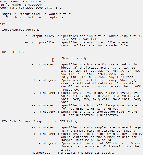 DivX AAC Encoder, výpis parametrů