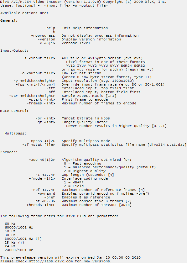 DivX H.264 Encoder, výpis parametrů