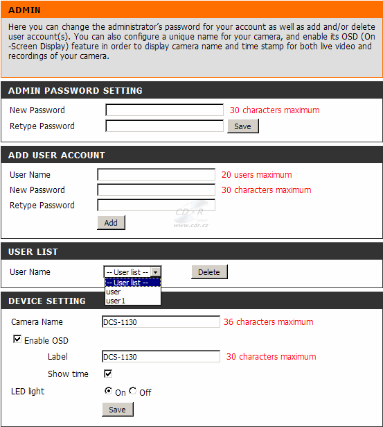 D-Link DCS-1130 - web rozhraní nastavení hesla