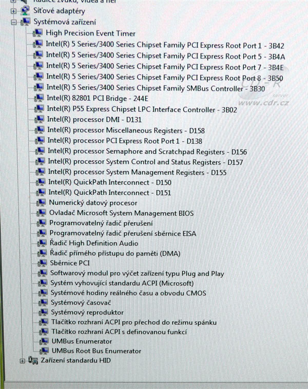 Ukázka správce zařízení ve Windows na platformě Intel P55