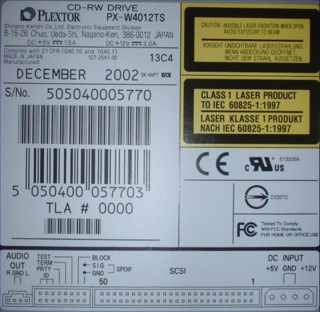 Plextor PX-W4012S Výrobní štítek