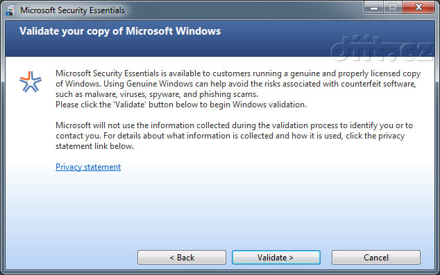 Microsoft Security Essentials: Požadováno ověření pravosti