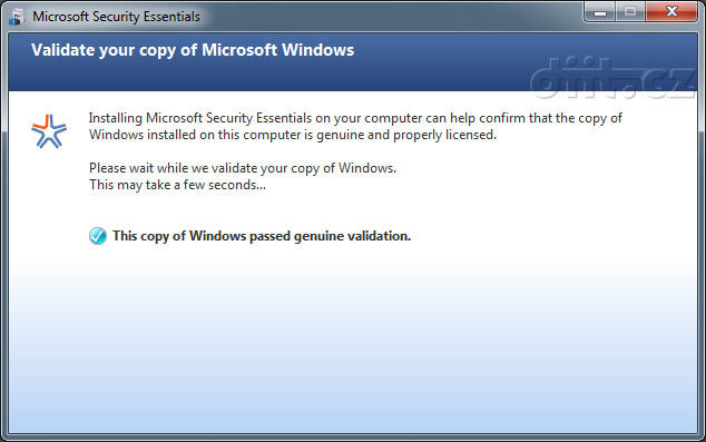 Microsoft Security Essentials: Ověření pravosti prošlo