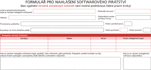 Protipirátská kampaň BSA, říjen 2009: formulář pro nahlášení softwarového pirátství