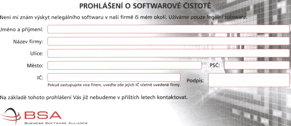 Protipirátská kampaň BSA, říjen 2009: Prohlášení o softwarové čistotě