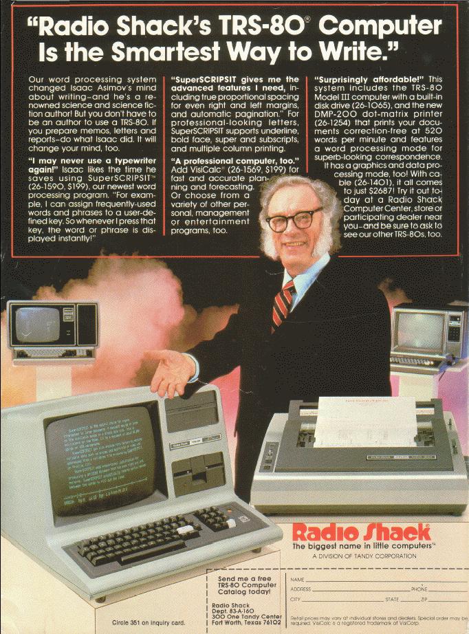 Isaac Asimov v reklamě na RadioShack TRS-80