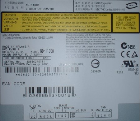 NEC ND-1100A - Výrobní štítek