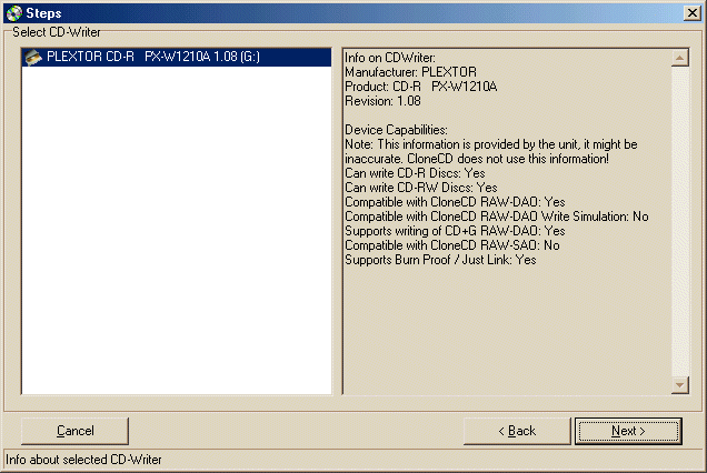 CloneCD 3 - select CD writer