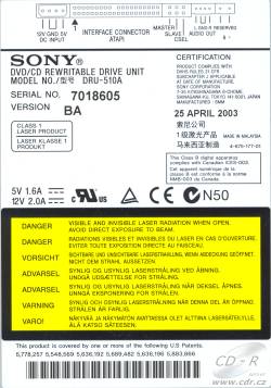 Sony DRU-510A - výrobní štítek