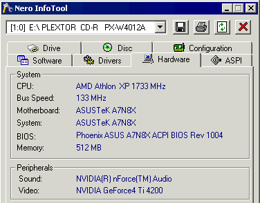 Nero InfoTool 2.00 záložka Hardware