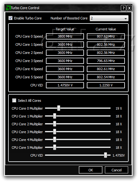 AMD OverDrive 3.2.1 - AMD Turbo Core Control, nastavení 2 přetaktovaných jader, první na 3,8 GHz