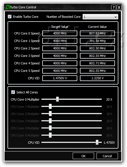 AMD OverDrive 3.2.1 - AMD Turbo Core Control, nastavení 1 přetaktovaného jádra, vše na 4 GHz