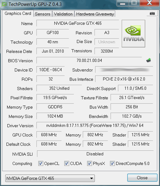 GeForce GTX 465, GPU-Z