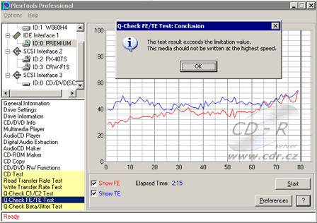 Q-Check FE/TE chyby v PlexTools Professional