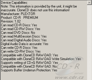 Plextor Premium - CloneCD vlastnosti