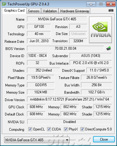 GeForce GTX 465, GPU-Z