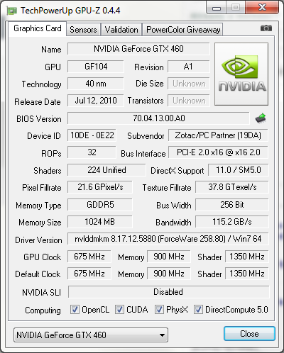 GeForce GTX 460: GPU-Z