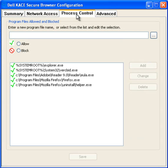 Dell KACE Secure Browser: nastavení procesů