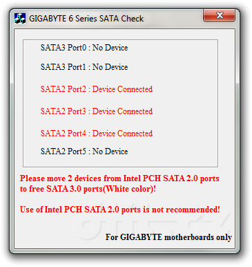 Gigabyte 6 Series SATA Check - použití pouze SATA2 portů
