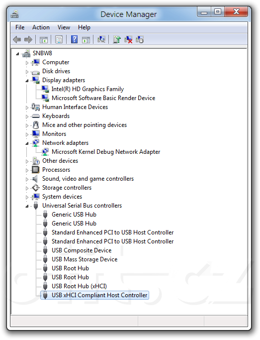 „Windows 8“ M1 - Správce zařízení - ovladače pro USB 3.0 řadič