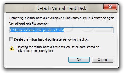 „Windows 8“ M1 - upozornění při odpojování virtuálního disku (VHD)
