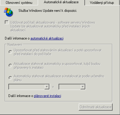 Automatická aktualizace není k dispozici