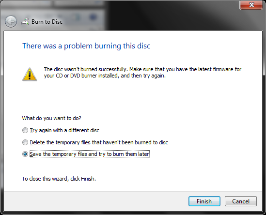 Neúspěšné vypalování dat na BD-R ve Windows 7