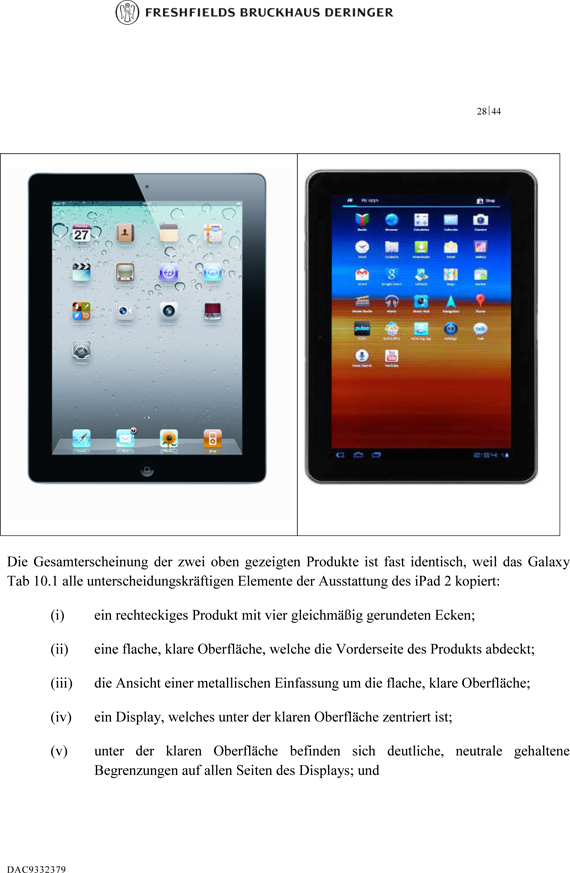 Strana 38 dokumentu zaslaného v Německu soudu v kauze Apple vs. Samsung: srovnání iPad vs. Galaxy Tab 10.1