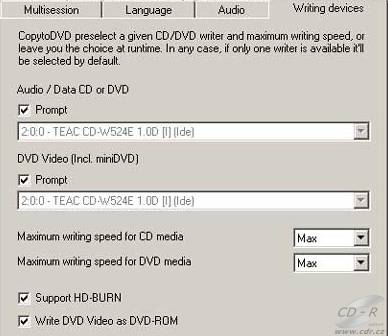 CopyToDVD - Options Writing devices