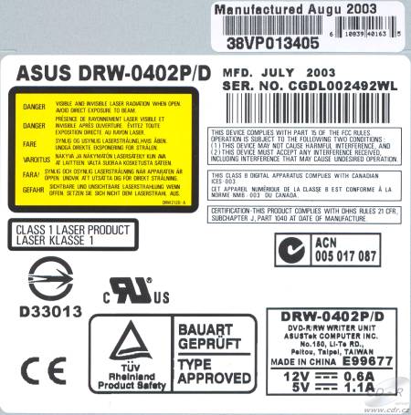 ASUS DRW-0402P - výrobní štítek