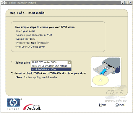 HP DVD Movie Writer dc3000 - Průvodce HP Video Transfer - krok 1