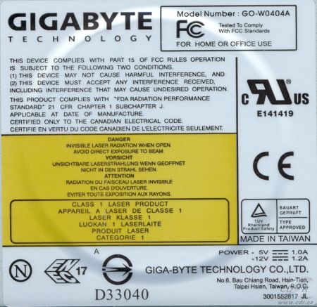 Gigabyte GO-W040A - výrobní štítek