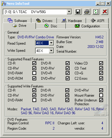 Teac DV-W58G - Nero InfoTool