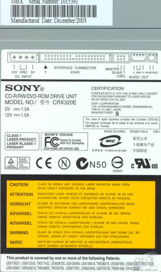 Sony CRX320E - výrobní štítek