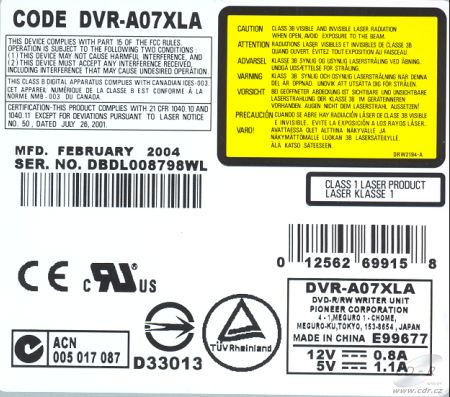 Pioneer DVR-A07XLA - výrobní štítek