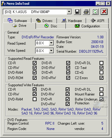 Asus DRW-0804P - Nero InfoTool