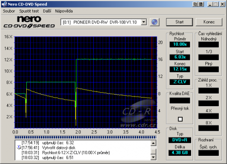 Pioneer DVR-108 - CDspeed zápis DVD+R 12×