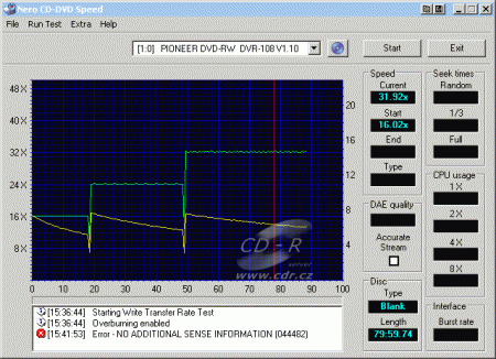 Pioneer DVR-108 - CDspeed overburn v reálu