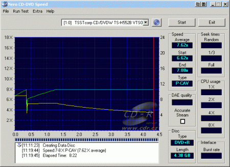 Samsung TS-H552B - CDspeed zápis DVD+R Verbatim 16×