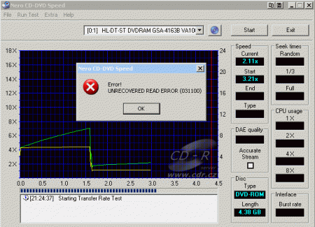 LG GSA-4163B - CDspeed čtení DVD+R Verbatim zapsané 12×