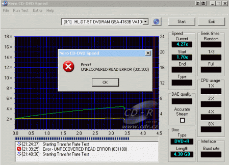 LG GSA-4163B - CDspeed čtení DVD+R Verbatim zapsané 16×