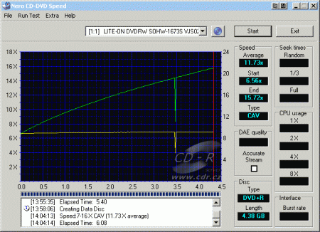 LiteOn SOHW-1673S - CDspeed zápis DVD+R Verbatim 16×