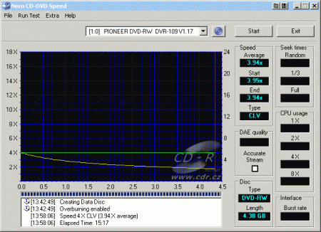 Pioneer DVR 109 - CDspeed zápis DVD-RW 4× Verbatim