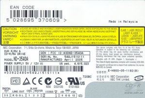 NEC ND-3540A - výrobní štítek