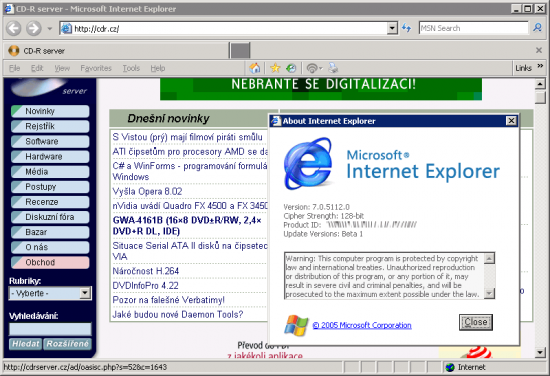 IE7 Beta1: informace O aplikaci Internet Explorer