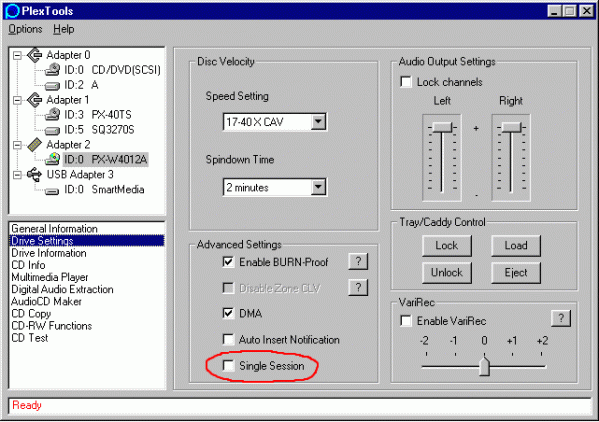 PlexTools: Single Session volba