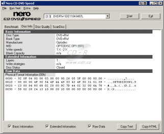 Informace o DVD+RW z mechaniky z rekordéru vložené do PC