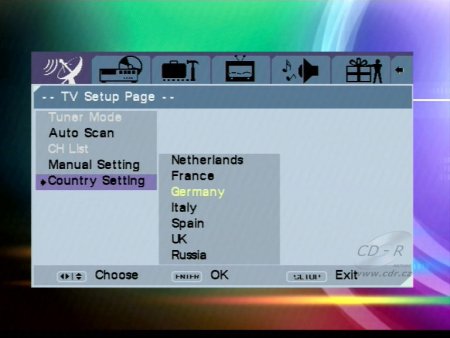 TV Setup Page - možnosti nastavení země