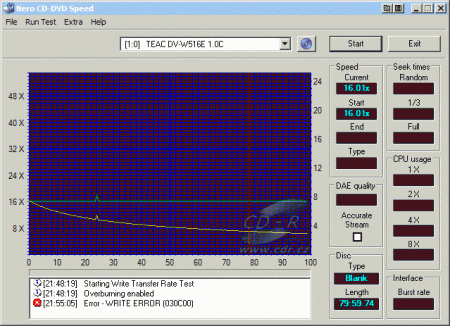 Teac DV-W516E - CDspeed zápis CD-R overburn